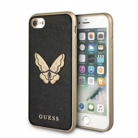 Guess műanyag tok Butterfly Saffiano iPhone 7/8, fekete/arany (GUHCI8ESPBBK)